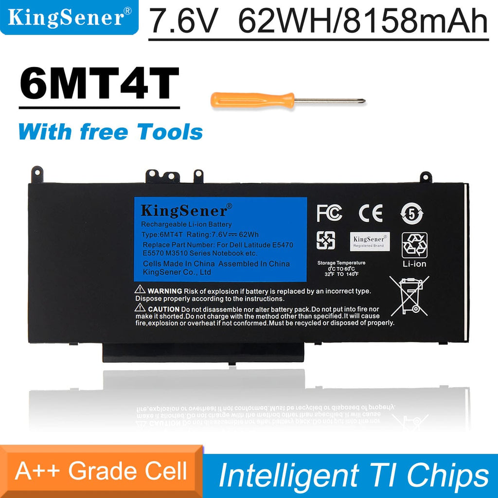 6MT4T high capacity laptop battery for Dell Latitude E5470 E5570 Precision M3510, 7.6V 62Wh 4 Cells, front view with 2 year warranty branding