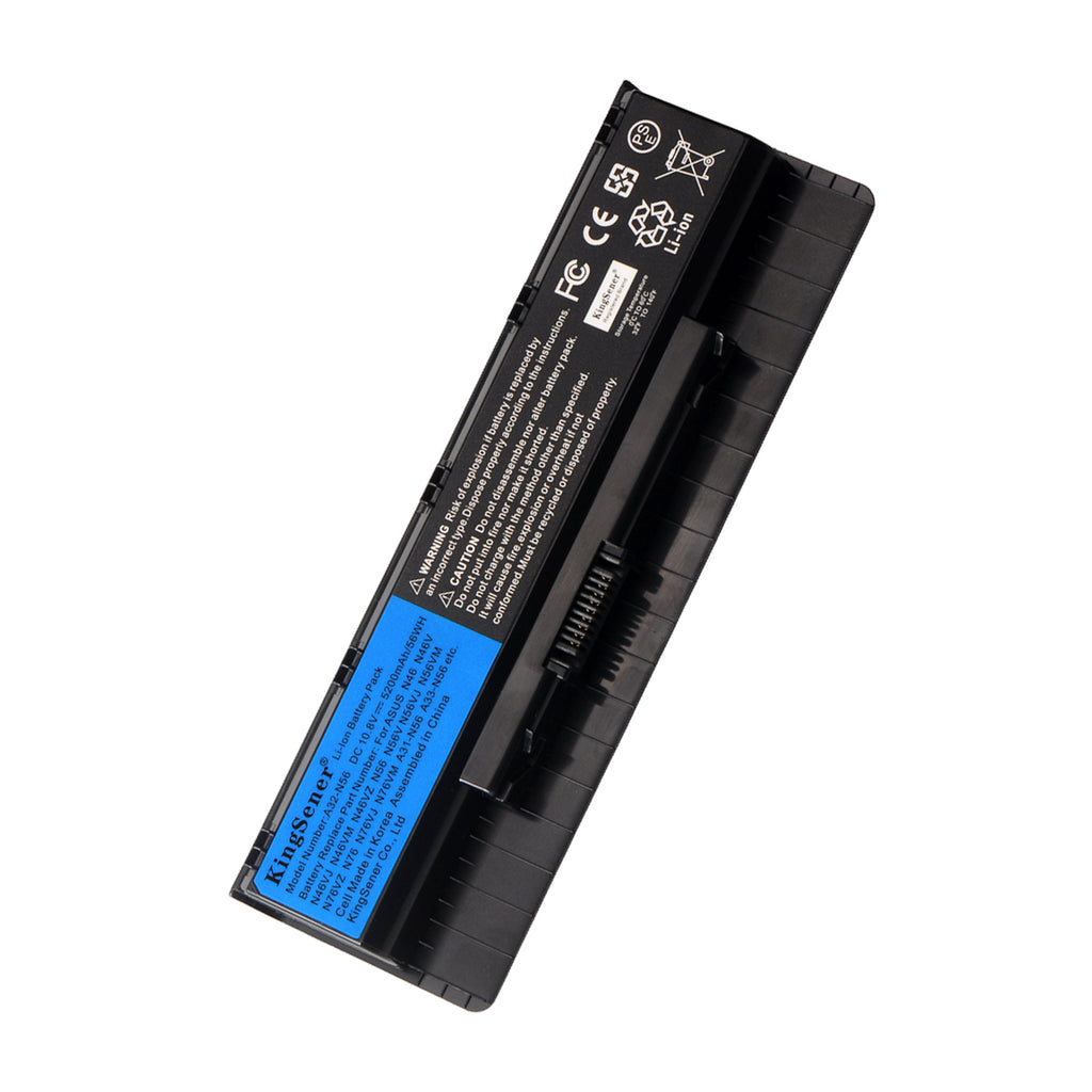 A32-N56 laptop battery for ASUS N56 N46 series, 10.8V 56Wh 5200mAh, black rectangular case with ribbed side and metal contact pins.