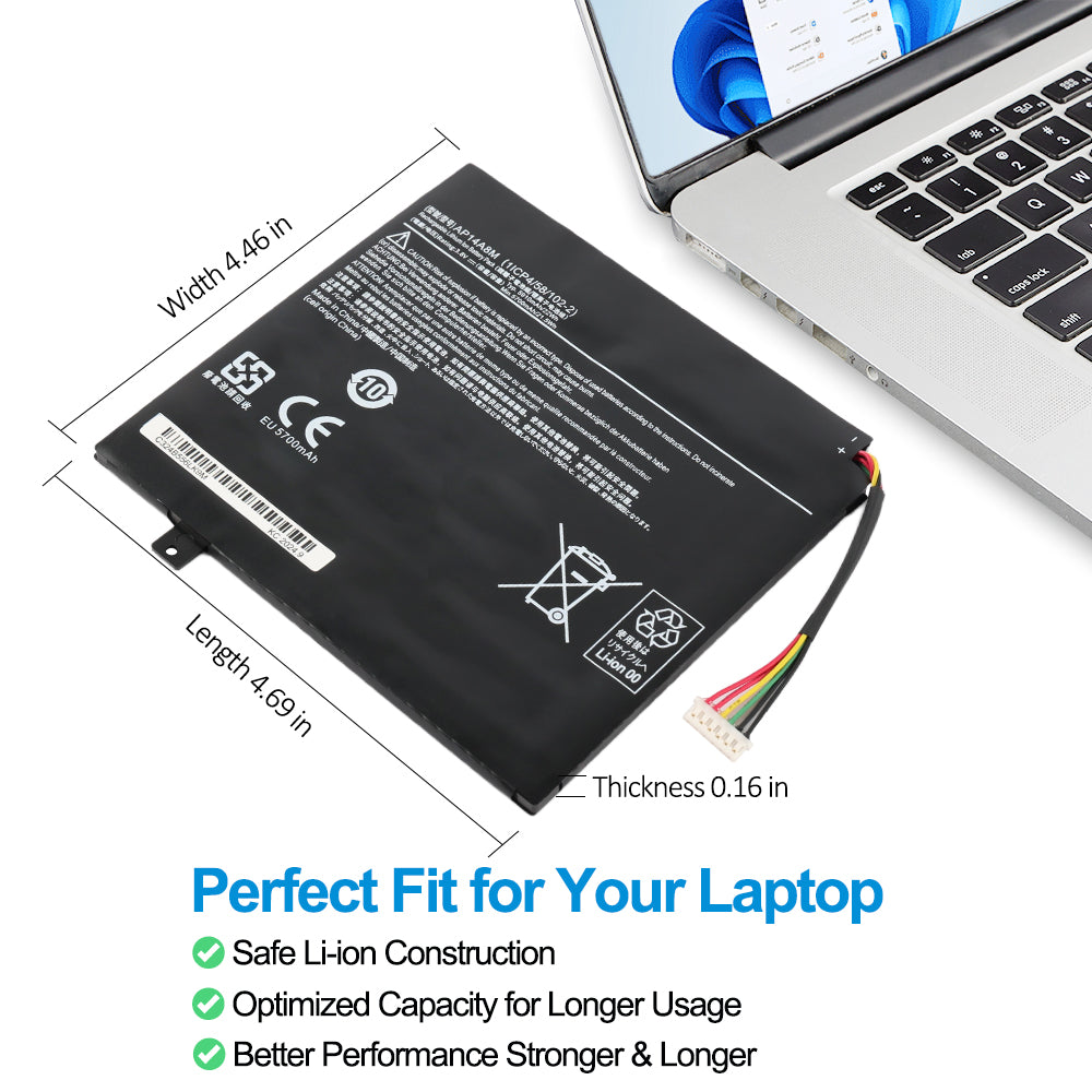 AP14A8M Acer tablet battery dimensions 4.69 x 4.46 x 0.16 inches, size diagram with laptop compatibility, safe Li-ion construction