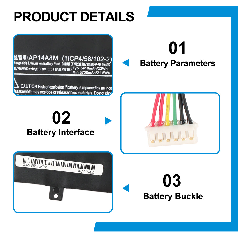 AP14A8M battery product details, 3.8V 5910mAh 22Wh Li-ion parameters, multi-pin interface connector, and battery buckle design