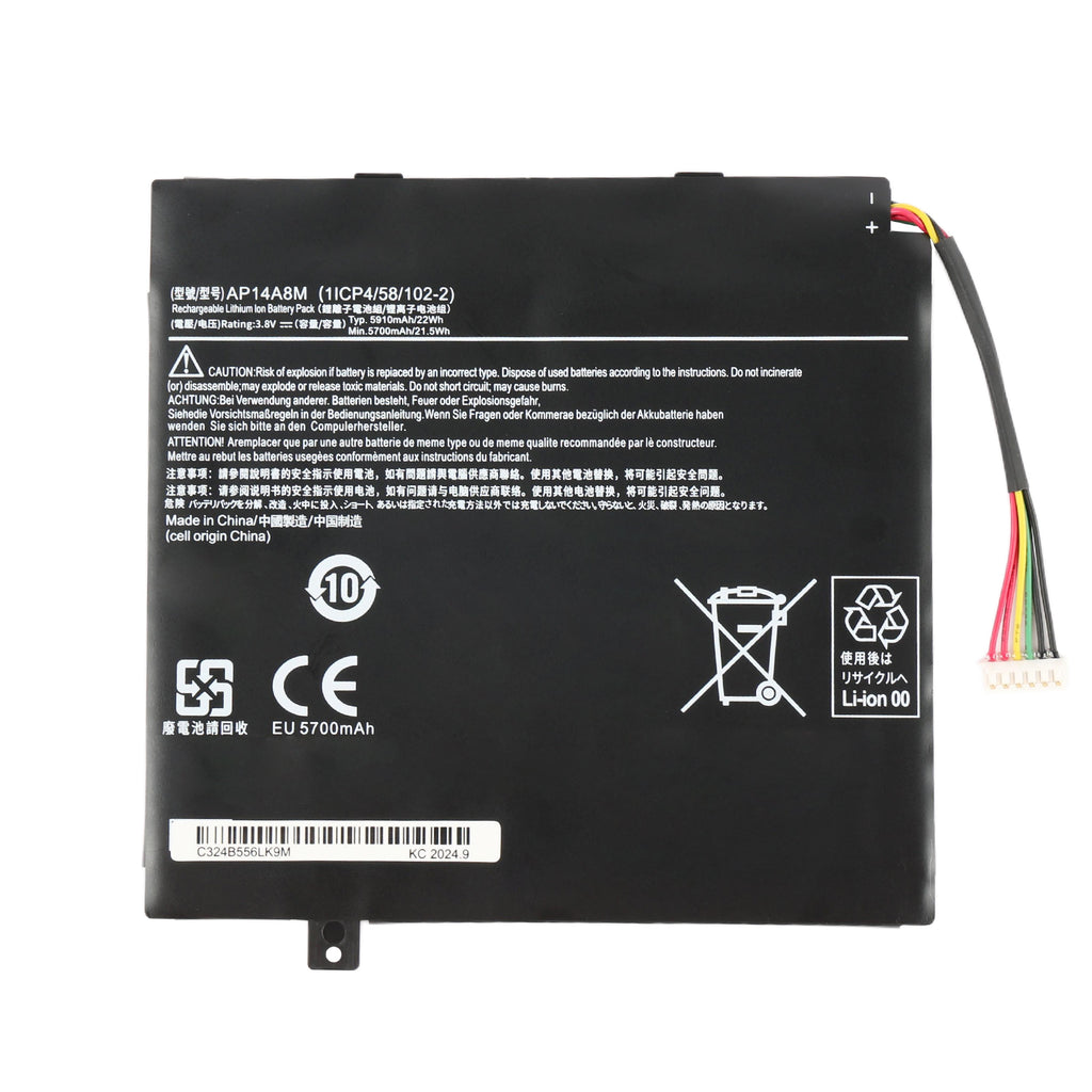 AP14A8M replacement battery for Acer Iconia Tab 10 A3-A20 A3-A20FHD, Li-ion 3.8V 5910mAh 22Wh, front label view with CE marking