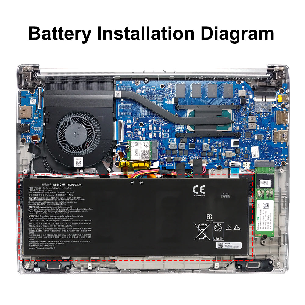 AP18C7M battery mounting position inside Acer Spin 5 SP513-54N laptop, internal installation diagram with motherboard and fan visible