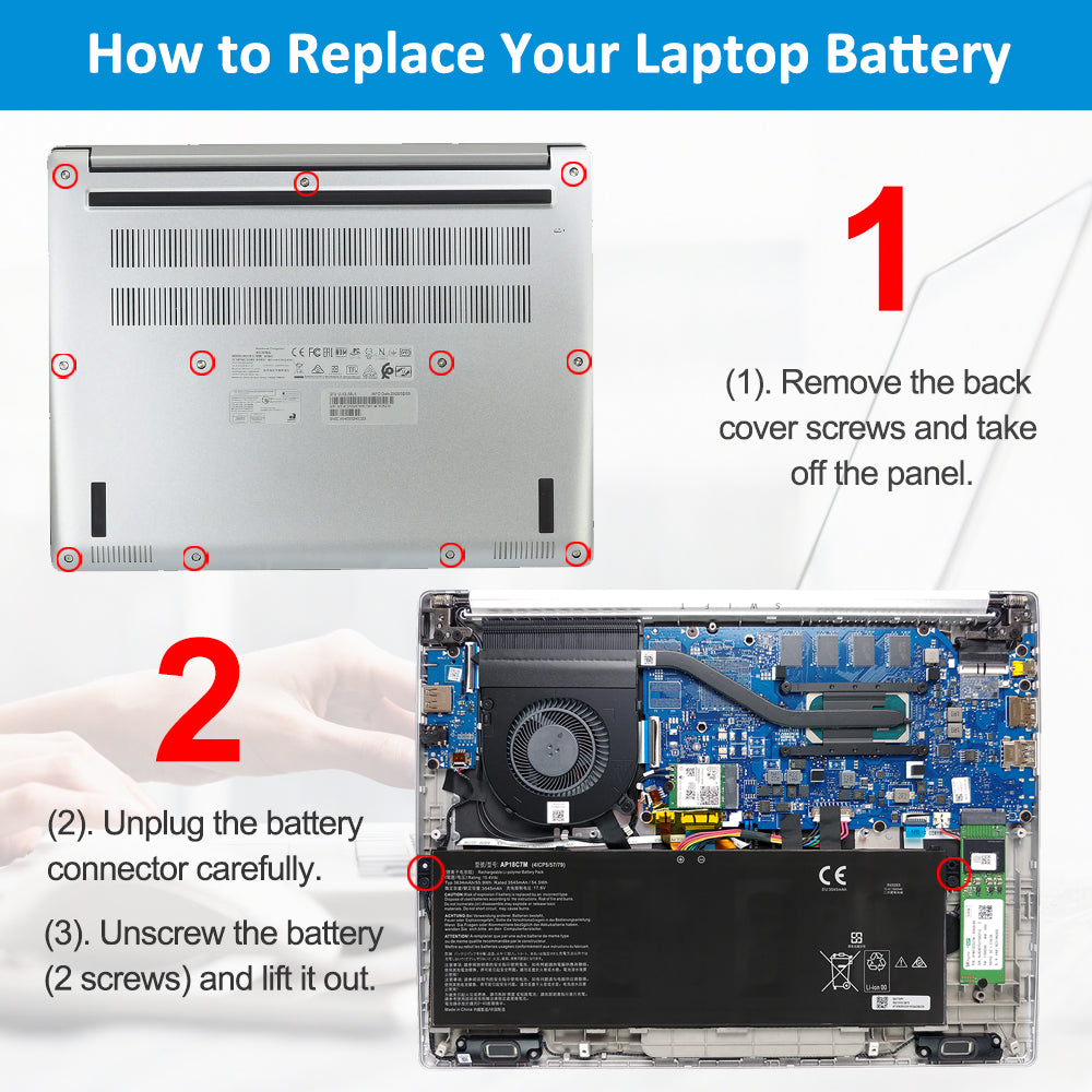 AP18C7M battery replacement guide for Acer Swift 3 SF313-52 Swift 5 SF514-54T, step-by-step installation with back cover screw removal