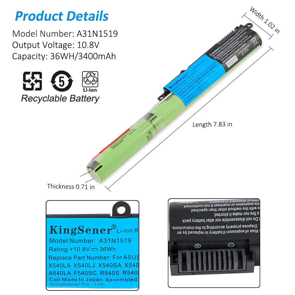 A31N1519 replacement laptop battery for ASUS X540 series, 10.8V 36Wh 3400mAh, green cylindrical cells with black connector head.