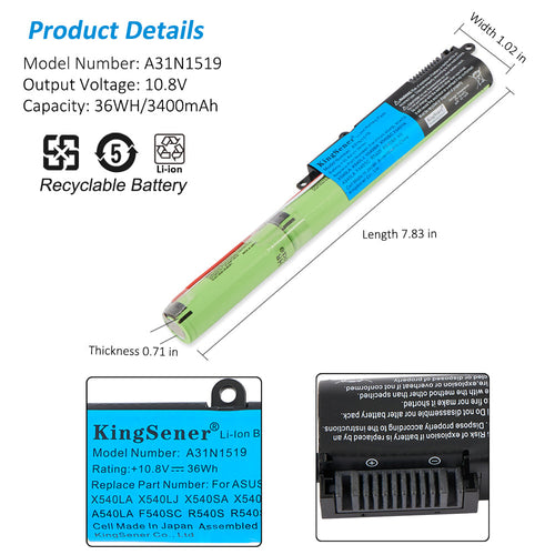A31N1519 replacement laptop battery for ASUS X540 series, 10.8V 36Wh 3400mAh, green cylindrical cells with black connector head.