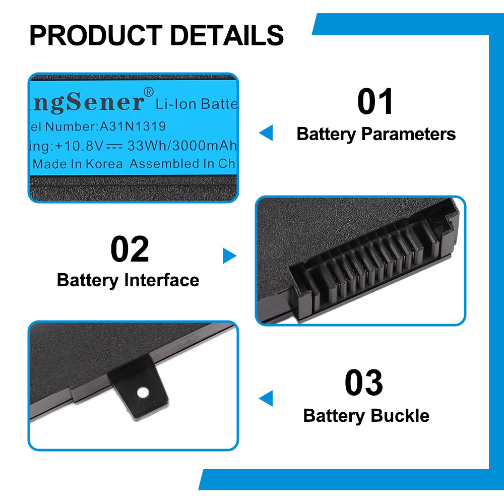 A31N1319 Laptop Battery for ASUS X551, 10.8V 33Wh, regulatory logos and storage temperature info.
