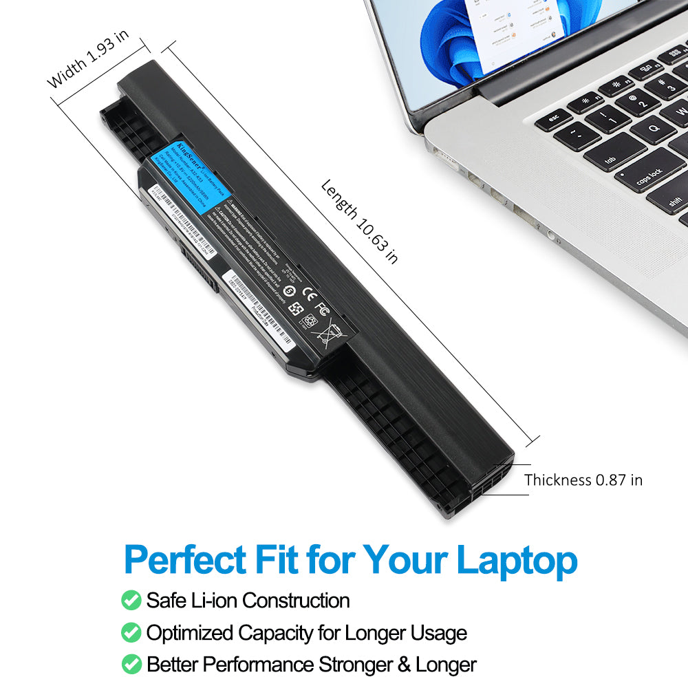 A32-K53 Laptop Battery for ASUS K53, 10.8V 56Wh, perspective showing textured casing and mounting notches.