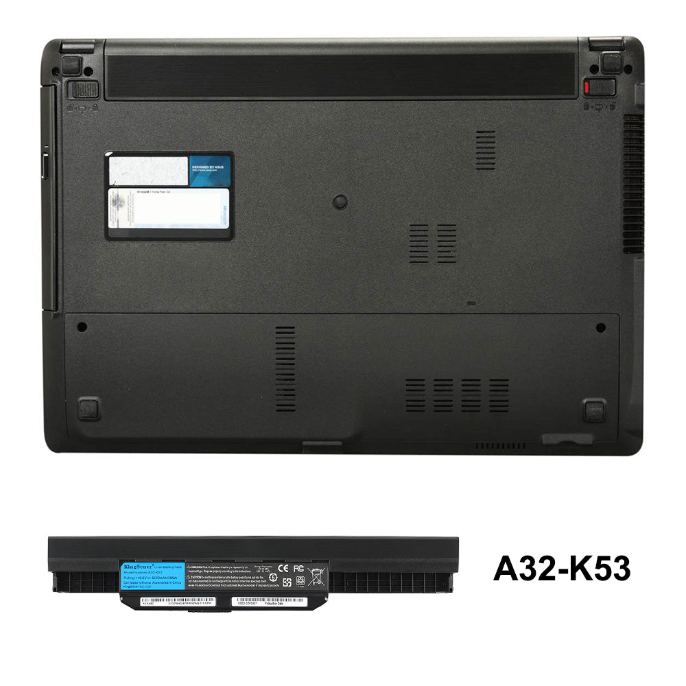 A32-K53 Laptop Battery for ASUS K53, 10.8V 5200mAh, close-up of bottom barcodes and production info.
