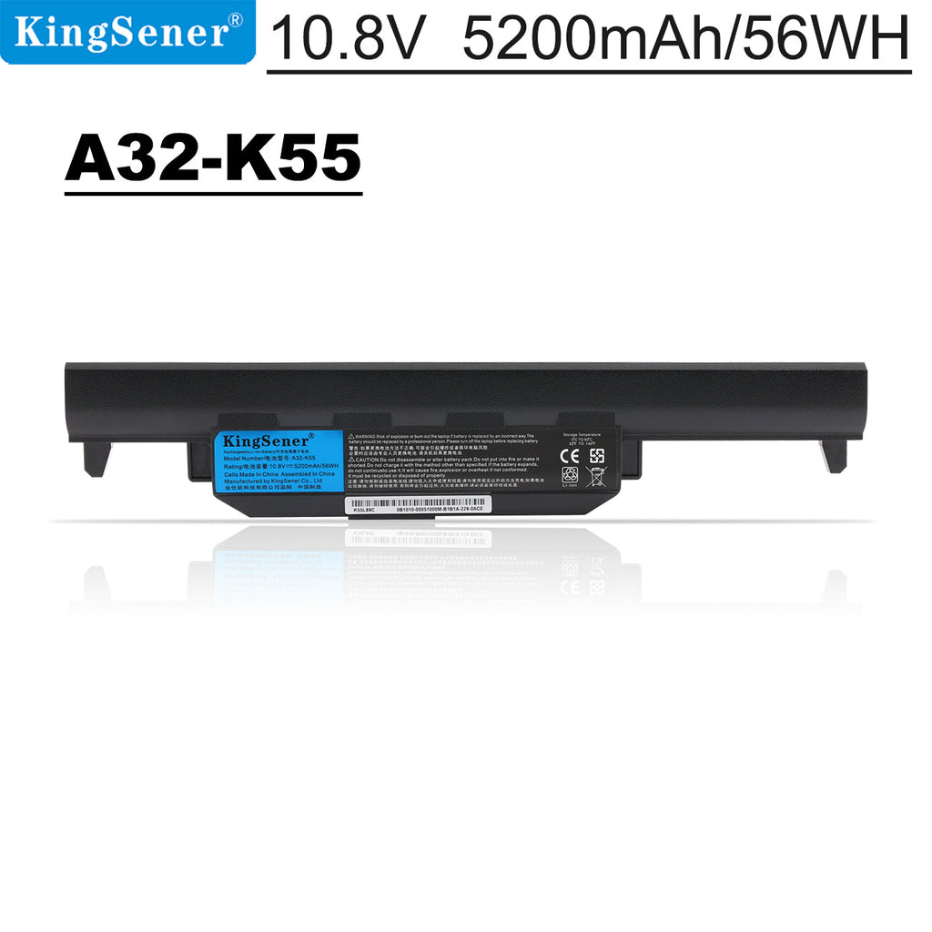 A32-K55 Laptop Battery for ASUS K55 K55A K55VD, 10.8V 5200mAh 56WH, black Li-ion pack with locking tabs and bilingual warning labels.