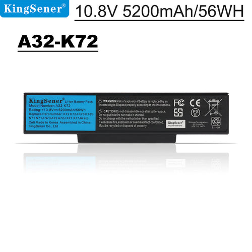 A32-K72 rechargeable laptop battery for ASUS K72 K73 series, 10.8V 56Wh 5200mAh, long black pack with blue KingSener label.