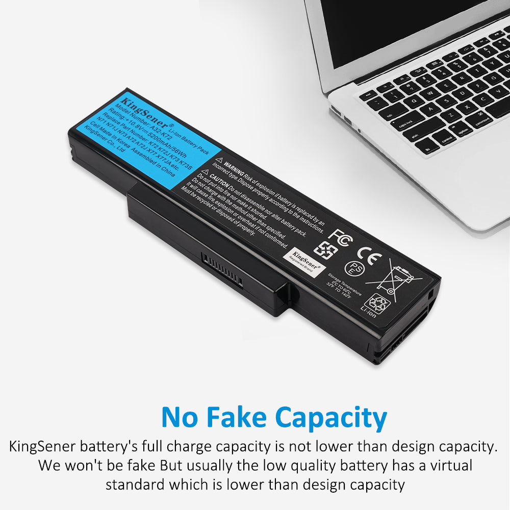 A32-K72 rechargeable laptop battery for ASUS K72 K73 series, 10.8V 56Wh 5200mAh, long black pack with blue KingSener label.