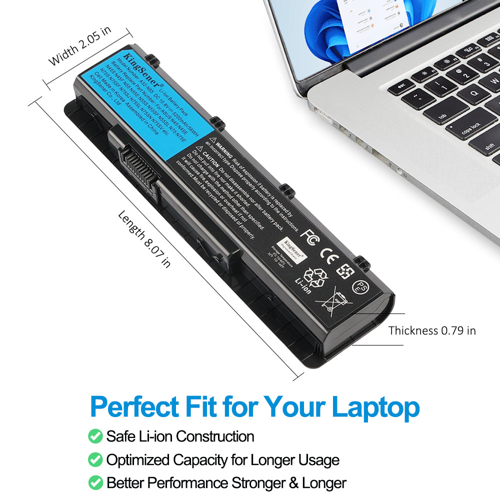 A32-N55 Replacement Laptop Battery for ASUS N55SF N45 N75, 10.8V 56WH, detailed view of the safety warning labels.
