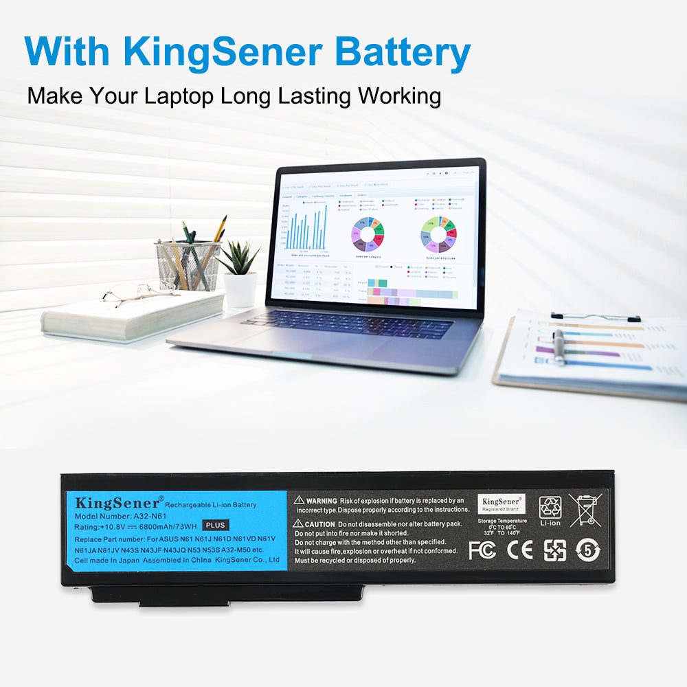 A32-N61 Laptop Battery for ASUS N61, 10.8V 6800mAh, detailed view of cautionary statements and icons.