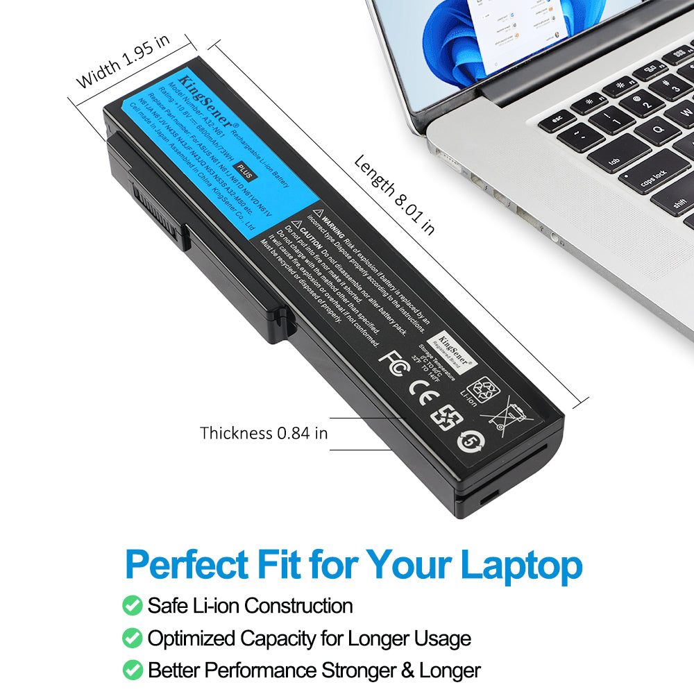 A32-N61 Laptop Battery for ASUS N61, 10.8V 73Wh, storage temperature and regulatory logos view.