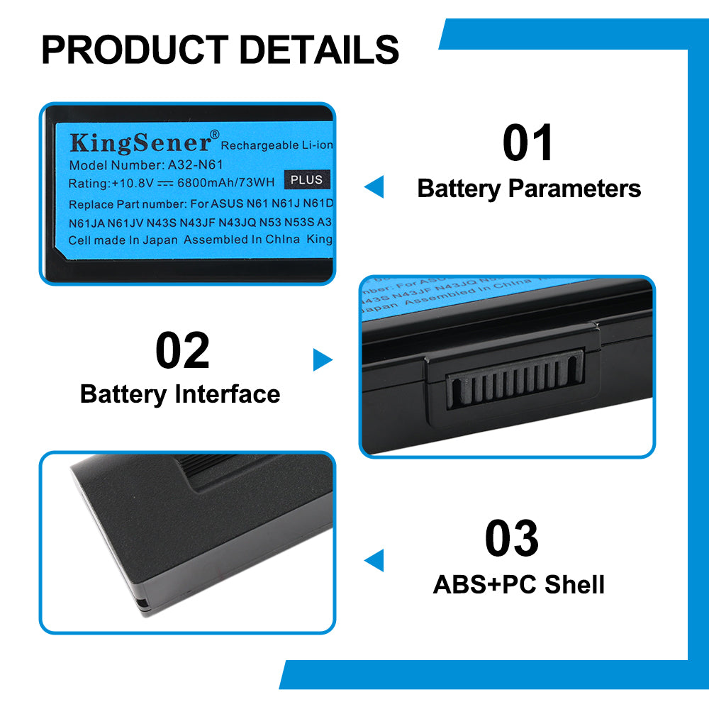 A32-N61 Laptop Battery for ASUS N61, 10.8V 6800mAh, perspective shot of the black rechargeable unit.