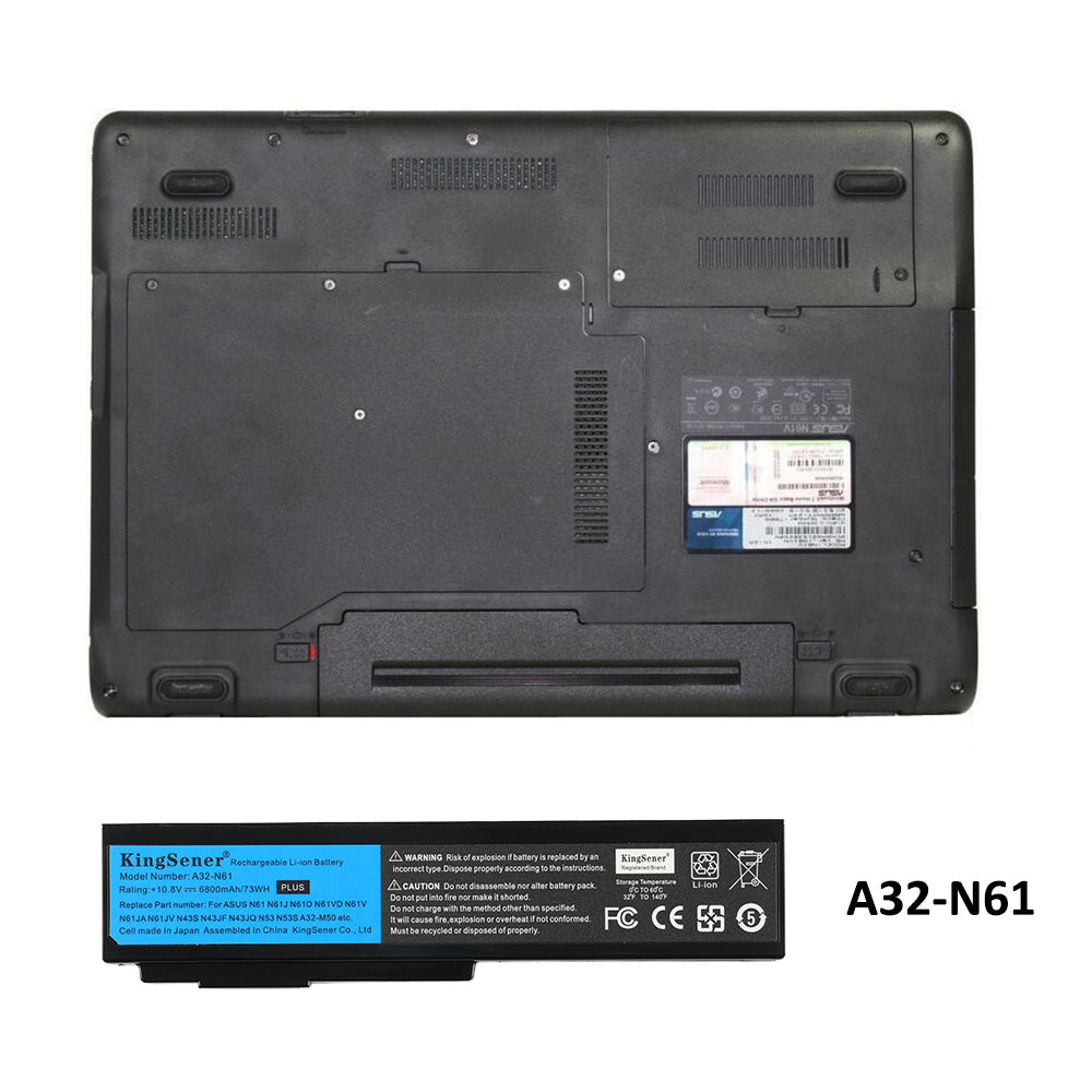 A32-N61 Laptop Battery for ASUS N61, 10.8V 73Wh, front view highlighting the rounded battery edges.
