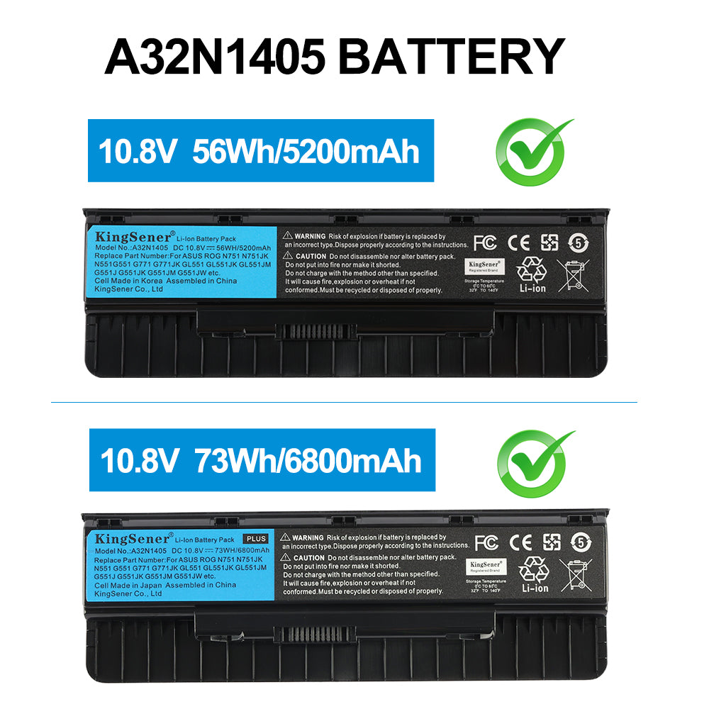 A32N1405 Laptop Battery for ASUS ROG G551, 10.8V 73Wh, perspective shot showing mounting tabs and slots.