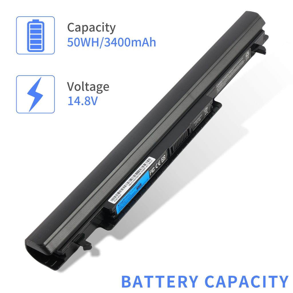 A41-K56 Laptop Battery for ASUS K56, 14.8V 33Wh, view of central pins and KingSener product label.