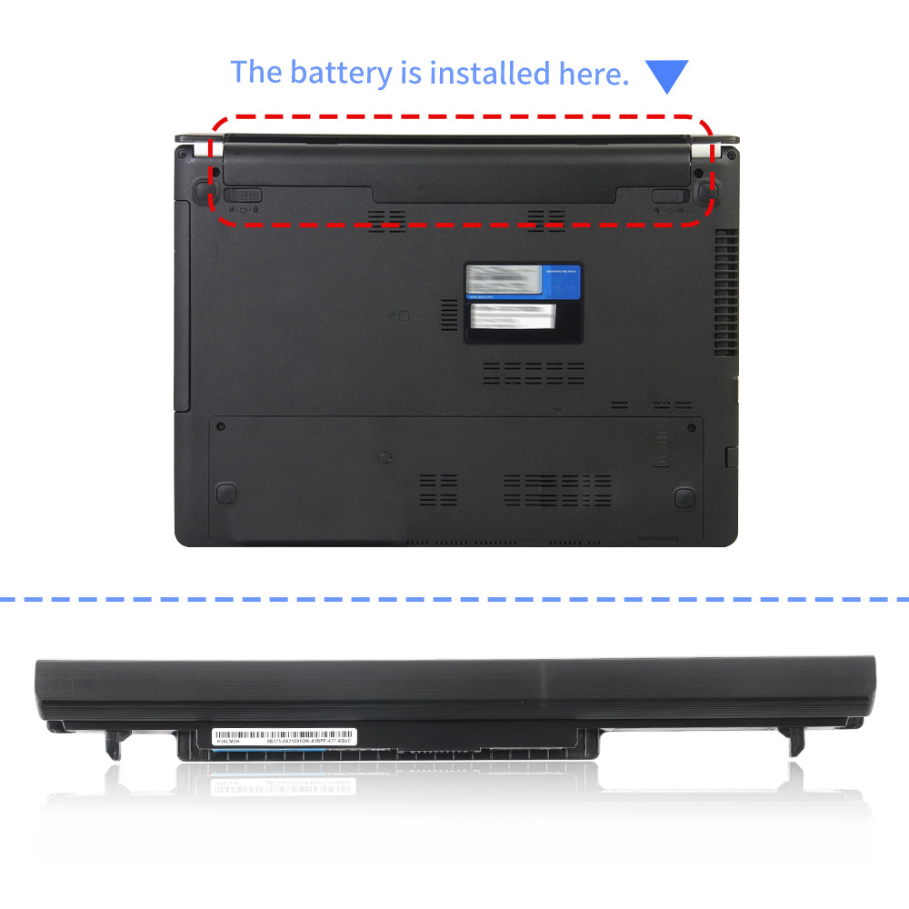 A41-K56 Laptop Battery for ASUS K56, 14.8V 33Wh, end view showing safety warning text and icons.