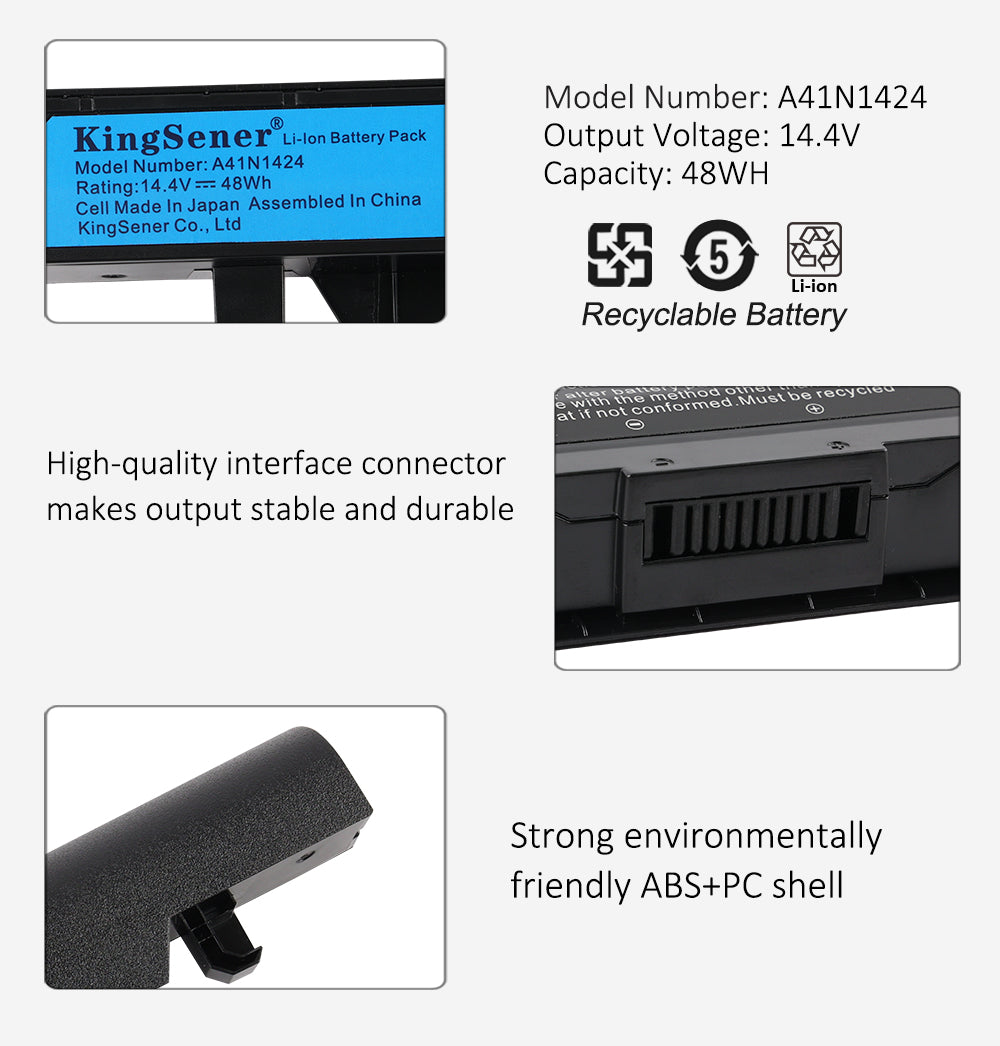 A41N1424 Replacement Laptop Battery for ASUS ROG GL552 VW, 14.4V 48WH, view of the safety and compliance logos.