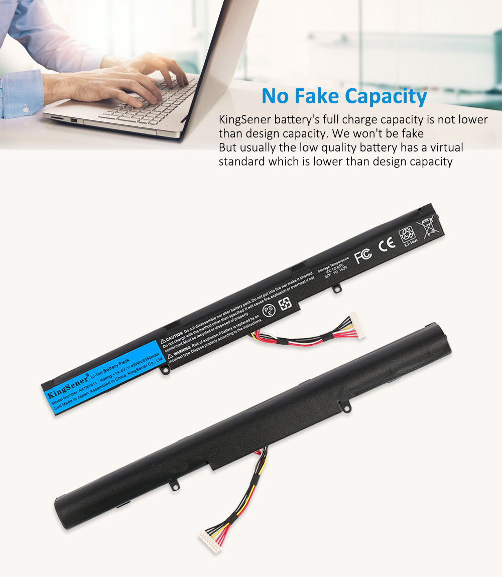 A41N1611 Replacement Laptop Battery for ASUS ROG GL553 VD, 14.4V 48WH, detailed view of the KingSener blue branding label.