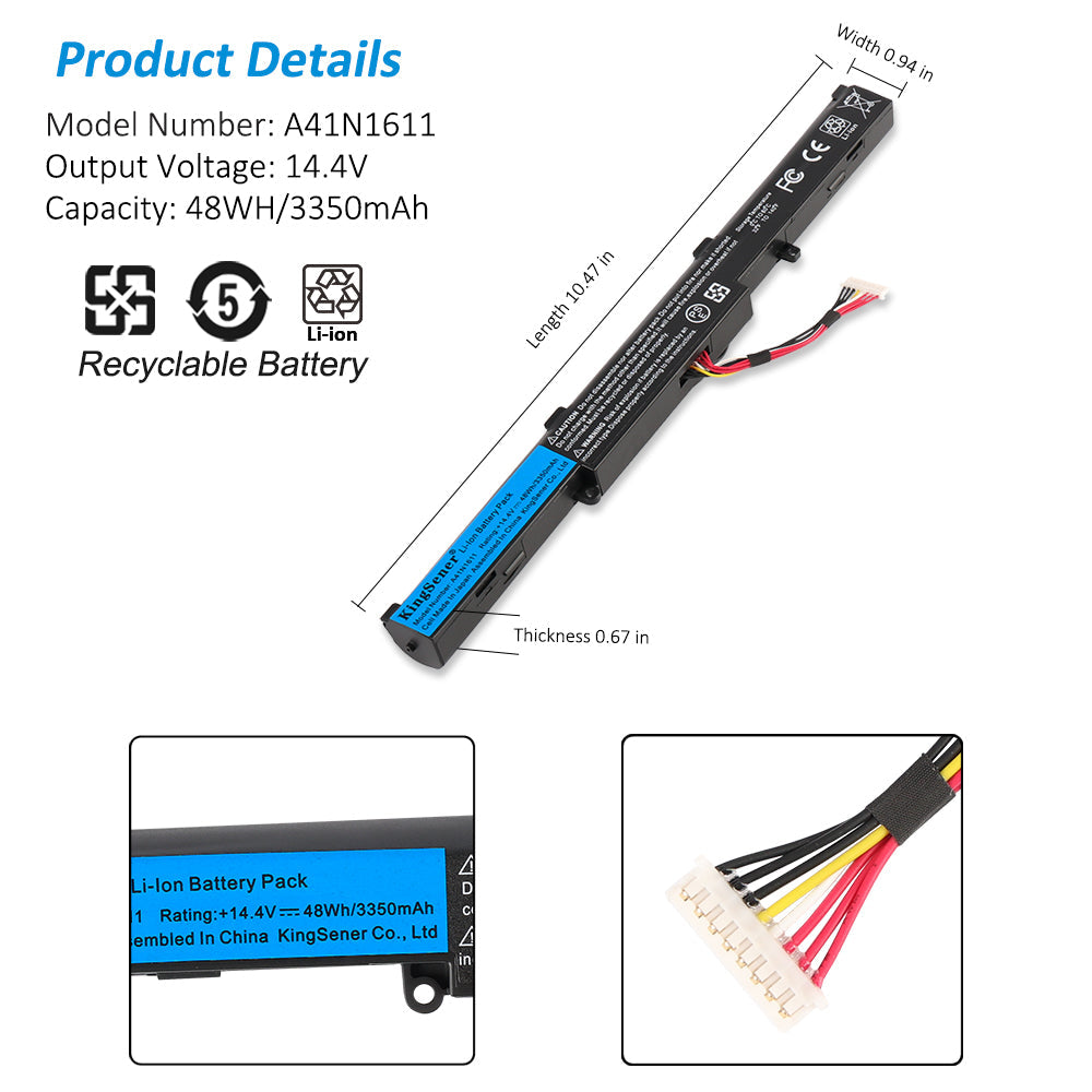 A41N1611 Replacement Laptop Battery for ASUS ROG GL553 VD, 14.4V 48WH, view showing the white multi-pin connector.