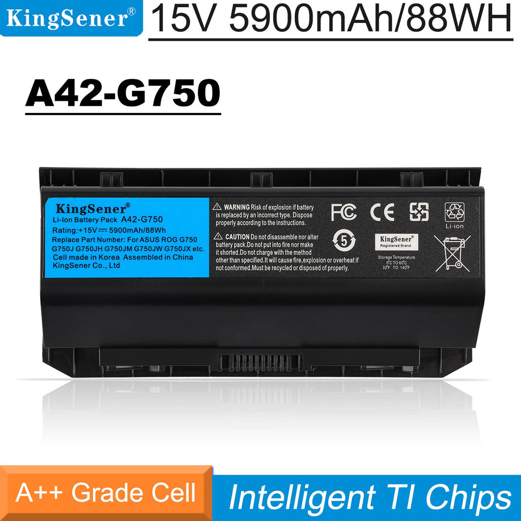 A42-G750 Laptop Battery for ASUS ROG G750 G750J G750JH, 15V 5900mAh 88WH, black Li-ion pack with gold-colored contact pins and A++ grade cells.