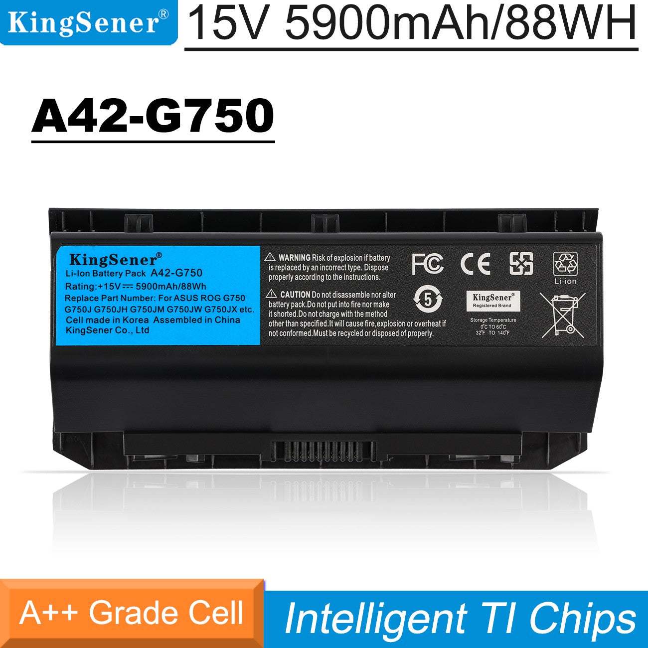 A42-G750 Laptop Battery for ASUS ROG G750 G750J G750JH, 15V 5900mAh 88WH, black Li-ion pack with gold-colored contact pins and A++ grade cells.