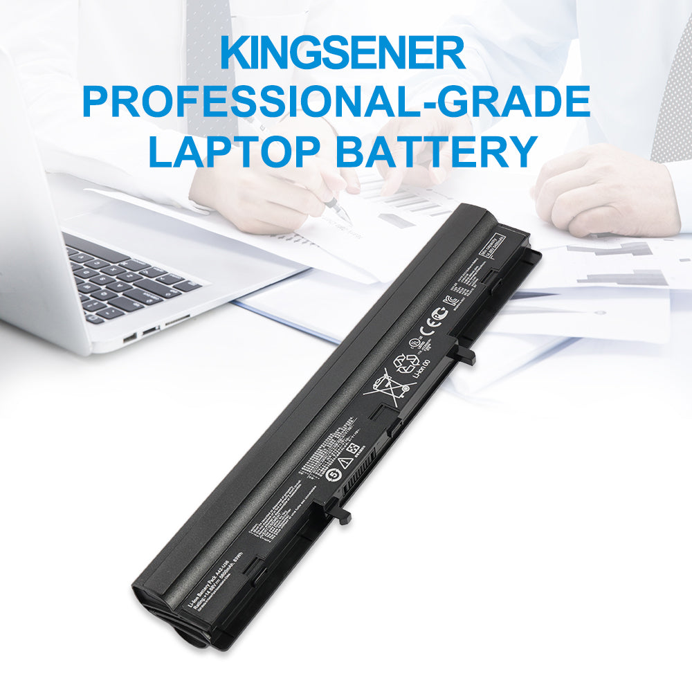 A42-U36 Replacement Battery for ASUS U36 Series, 14.88V 83Wh, lifestyle office scene with laptop and battery.