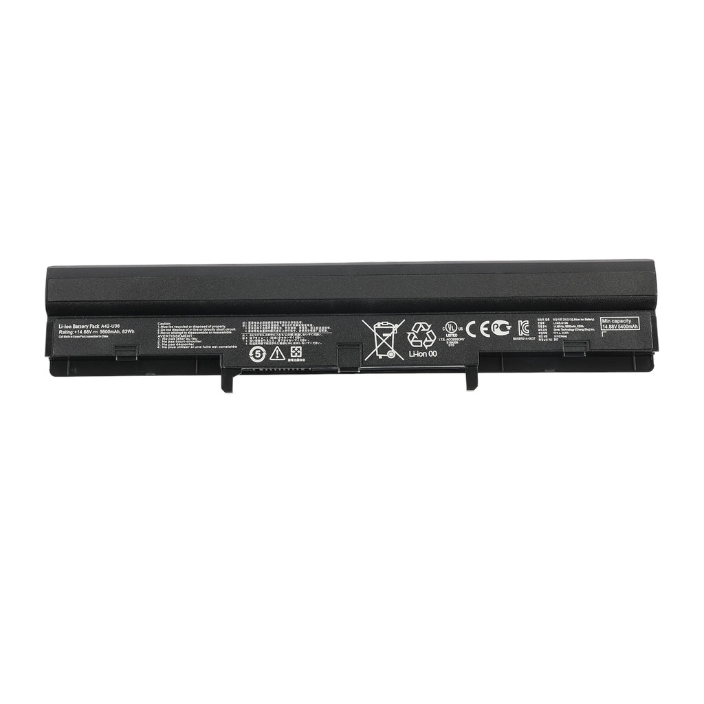 A42-U36 Replacement Battery for ASUS U36 Series, 14.88V 83Wh, long slender black case with safety labels.