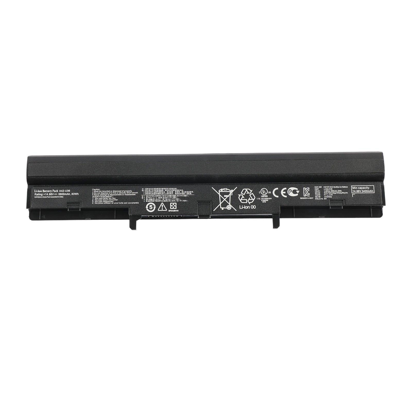 A42-U36 Replacement Battery for ASUS U36 Series, 14.88V 83Wh, long slender black case with safety labels.