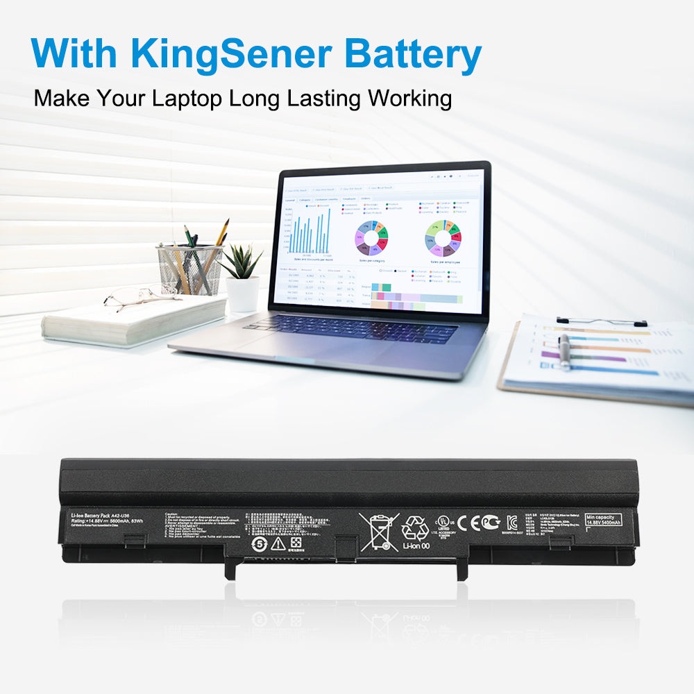 A42-U36 Replacement Battery for ASUS U36 Series, 14.88V 83Wh, detailed view of regulatory and WEEE icons.