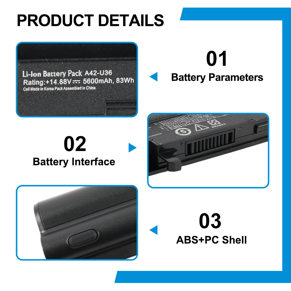 A42-U36 Replacement Battery for ASUS U36 Series, 14.88V 83Wh, front view on reflective white background.