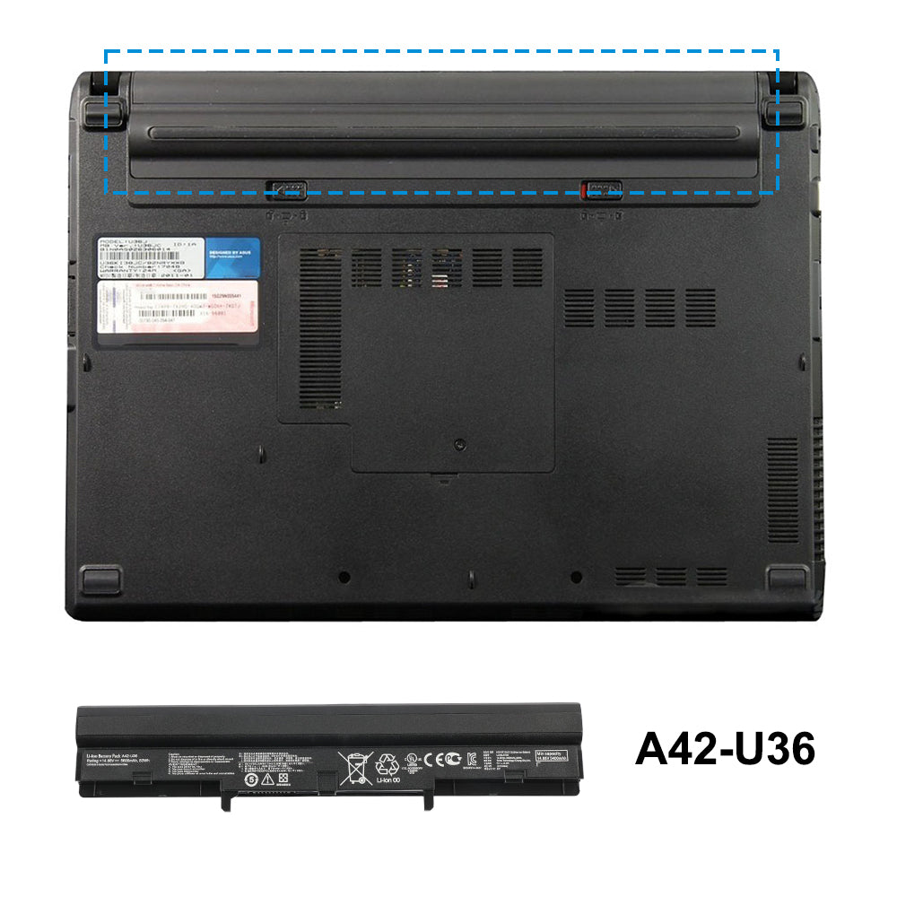 A42-U36 Replacement Battery for ASUS U36 Series, 14.88V 83Wh, side profile showing 8-cell high capacity design.