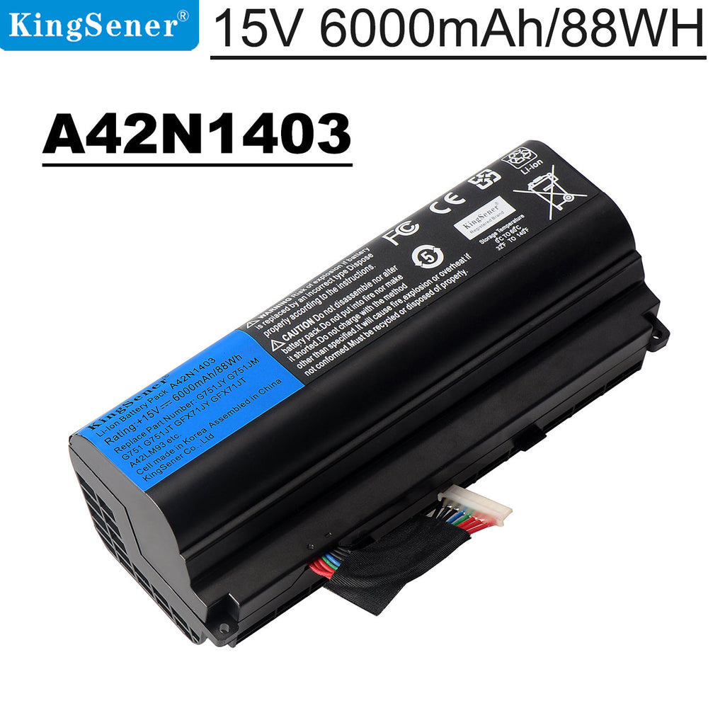 A42N1403 Replacement Laptop Battery for ASUS ROG G751 JY, 15V 88WH, stepped black design with cooling vents.