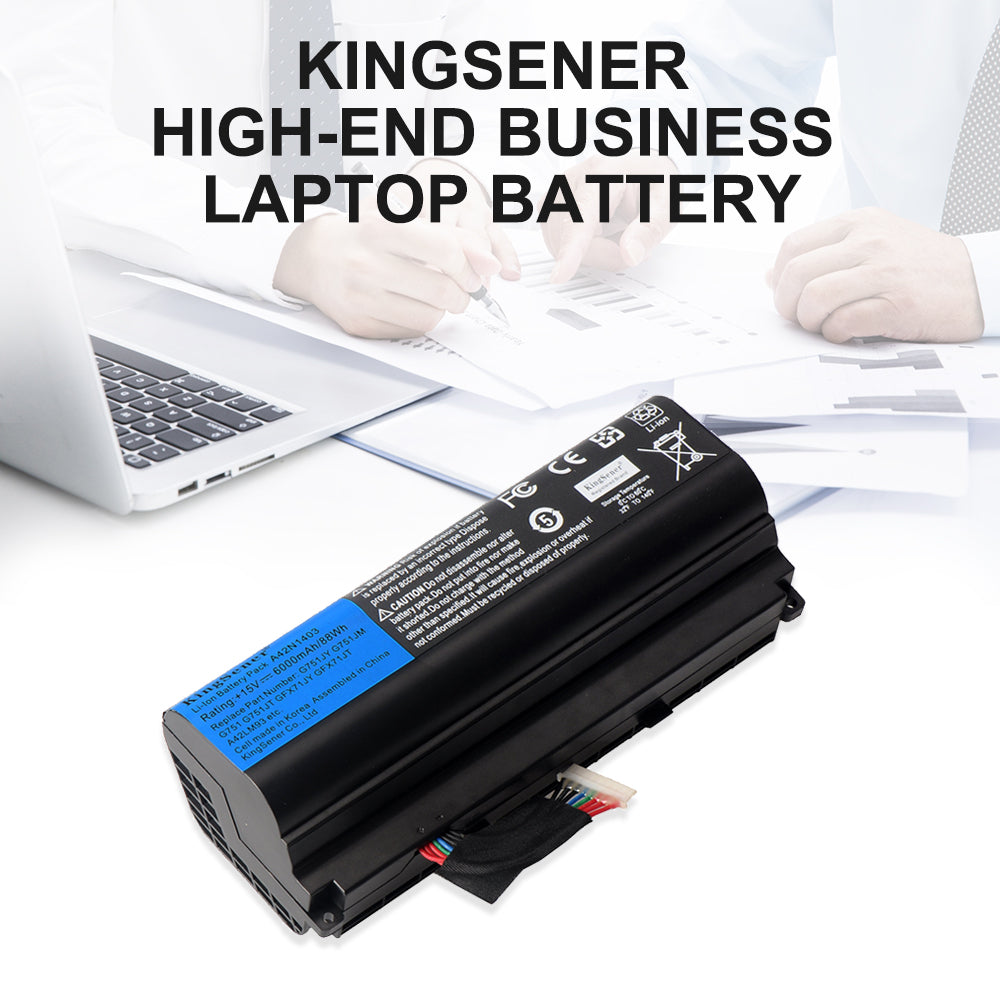 A42N1403 Replacement Laptop Battery for ASUS ROG G751 JY, 15V 88WH, view of the multi-colored wires and white connector.