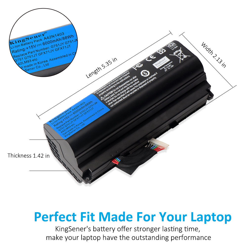A42N1403 Replacement Laptop Battery for ASUS ROG G751 JY, 15V 88WH, detailed view of the safety and compliance logos.