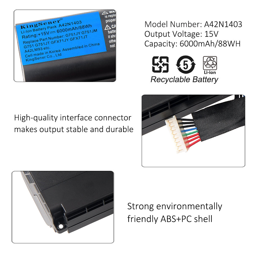 A42N1403 Replacement Laptop Battery for ASUS ROG G751 JY, 15V 88WH, bottom view showing the circular screw recesses.