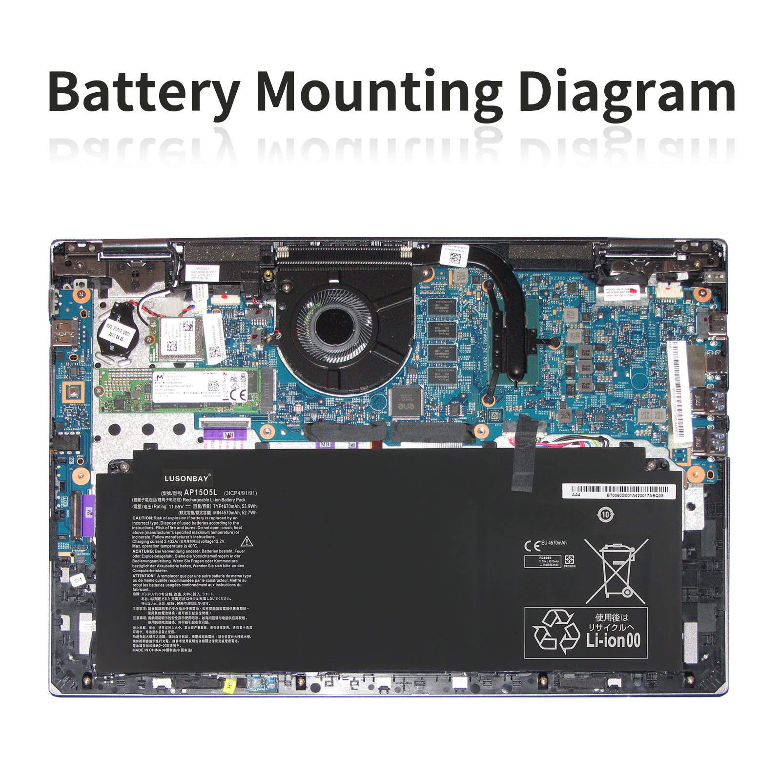 LUSONBAY AP15O5L Laptop Battery For Acer Swift 5 SF515-51T Series 53.9WH 11.55V - Battery Mounting Diagram