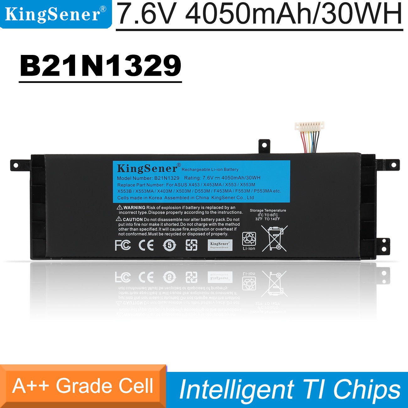 B21N1329 Replacement Laptop Battery for ASUS X453 X553 F553M, 7.6V 30WH, thin flat black battery with wire connector.