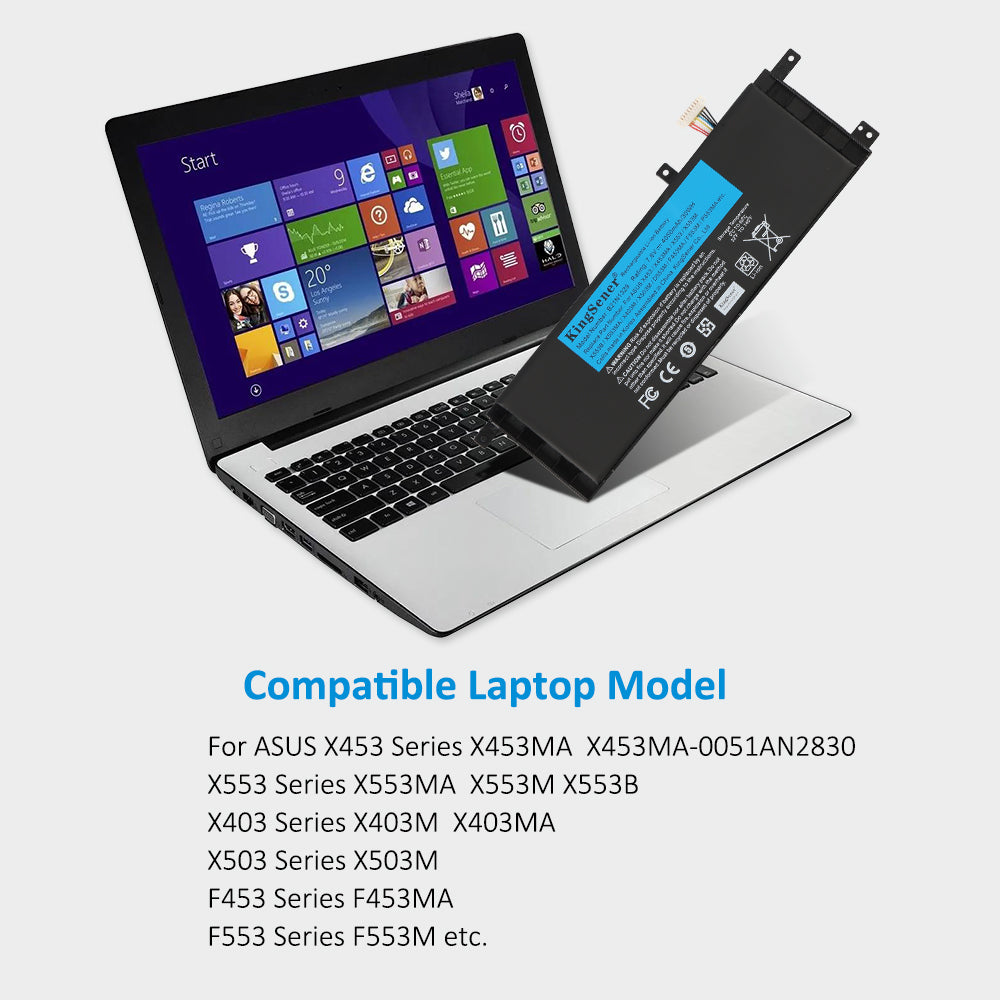 B21N1329 Replacement Laptop Battery for ASUS X453 X553 F553M, 7.6V 30WH, top view showing the blue information header.