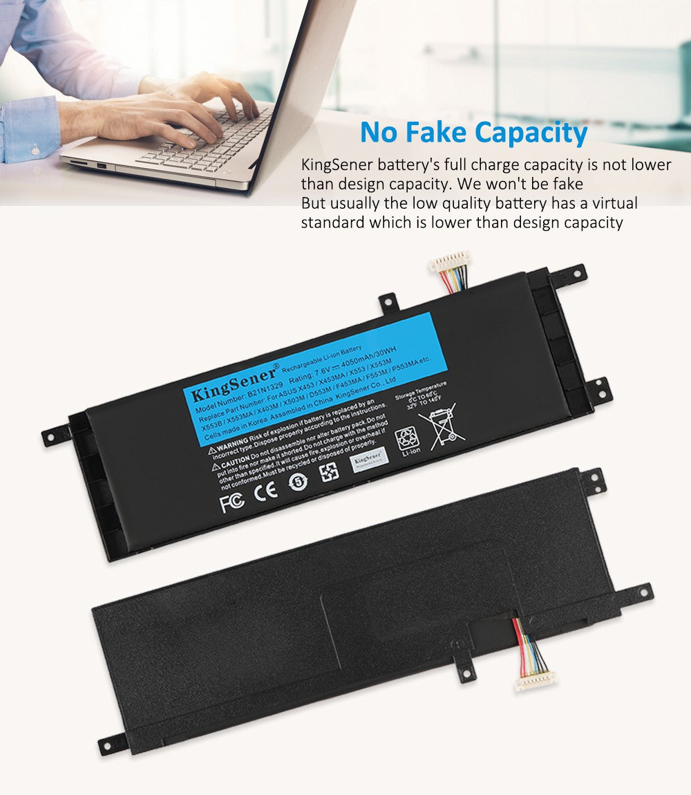 B21N1329 Replacement Laptop Battery for ASUS X453 X553 F553M, 7.6V 30WH, detailed view of the multi-colored wires.