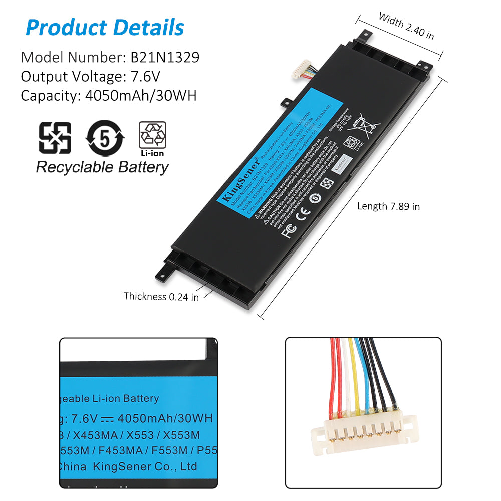 B21N1329 Replacement Laptop Battery for ASUS X453 X553 F553M, 7.6V 30WH, bottom view with reflection showing labels.