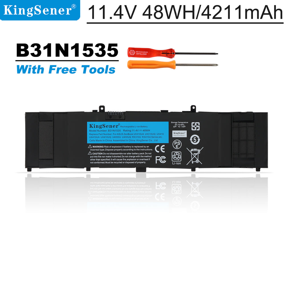 B31N1535 internal laptop battery for ASUS ZenBook UX310 UX410, 11.4V 48Wh, flat black design with included repair tools.