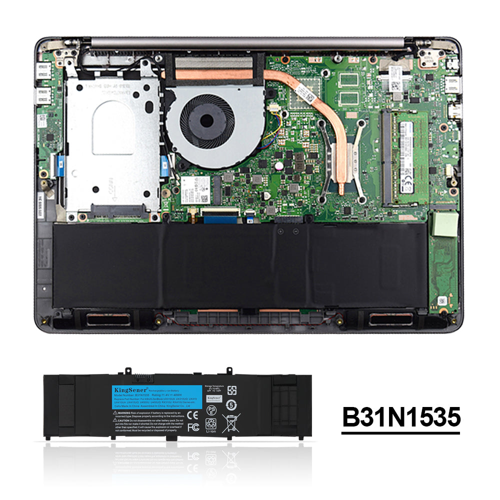 B31N1535 internal laptop battery for ASUS ZenBook UX310 UX410, 11.4V 48Wh, flat black design with included repair tools.