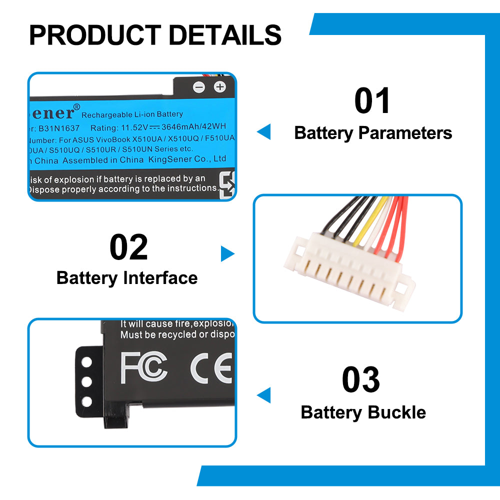 B31N1637 laptop battery for ASUS VivoBook S15 S510 series, 11.52V 42Wh, L-shaped black pack with multi-wire connector.