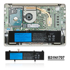 B31N1707 Replacement Laptop Battery for ASUS VivoBook S14 S410UQ, 11.52V 42WH, full battery assembly with labels and tools.