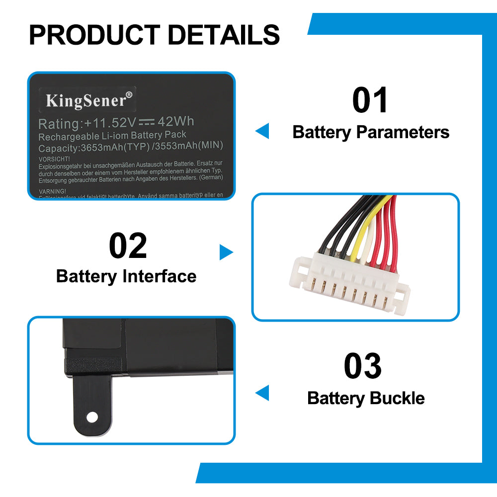 ASUS B31N1729 replacement Li-ion laptop battery 11.52V 42Wh specs 11-pin interface with metal buckle