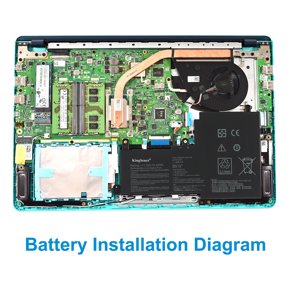 ASUS B31N1729 replacement Li-ion laptop battery 11.52V 42Wh installation diagram inside ASUS laptop