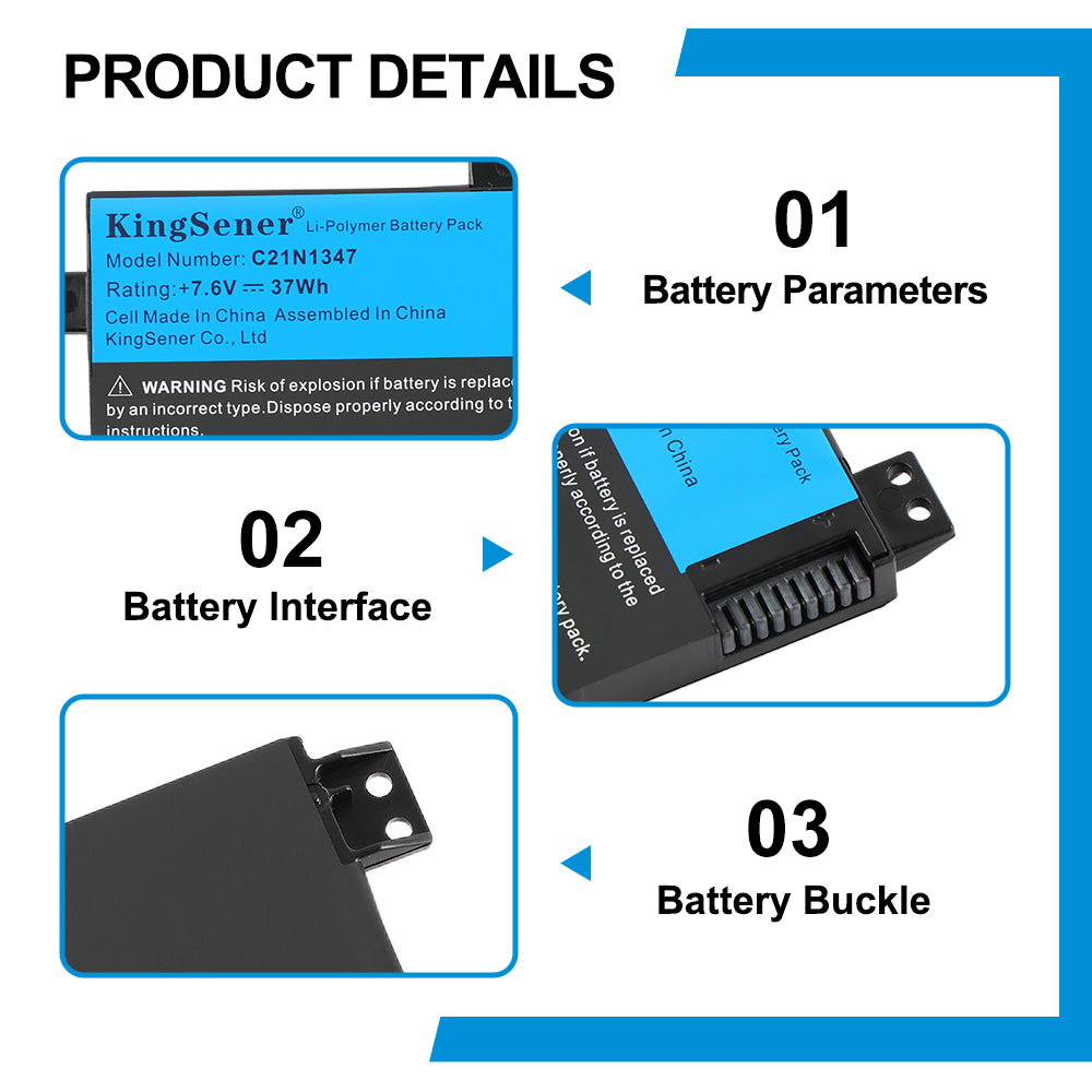 C21N1347 replacement battery for ASUS X555 X554L series, 7.6V 37Wh, flat black Li-Polymer pack with 9 mounting holes and screwdriver.